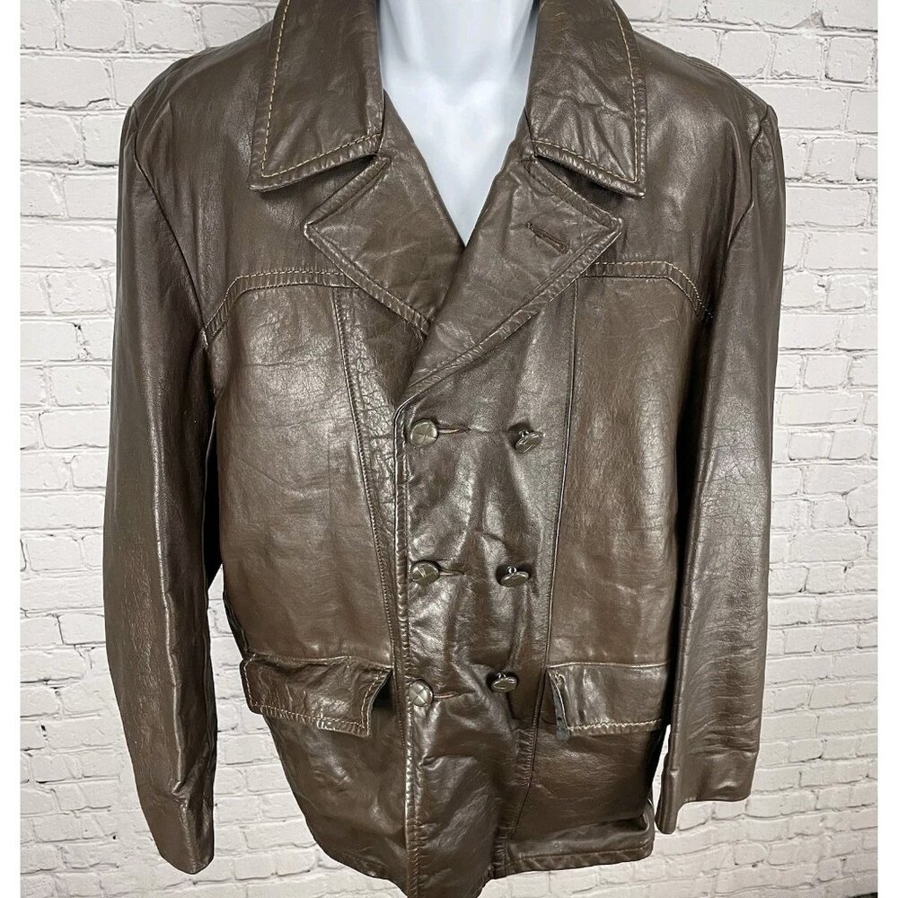 VTG Studio Sportswear Brown Genuine Leather Removable Lining Jacket Coat Size 42